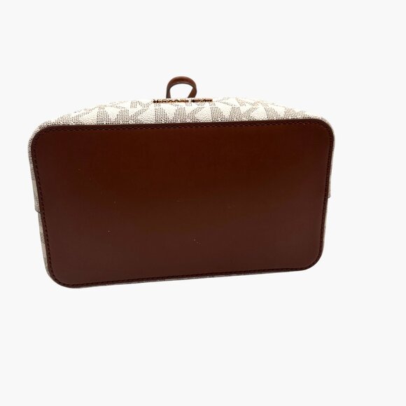 Michael Kors Small Drawstring Bucket Bag Vanilla/Brown Canvas Leather Logo - Picture 9 of 14